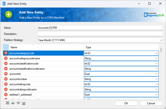 Add New Entity screen showing name and partition strategy selection.